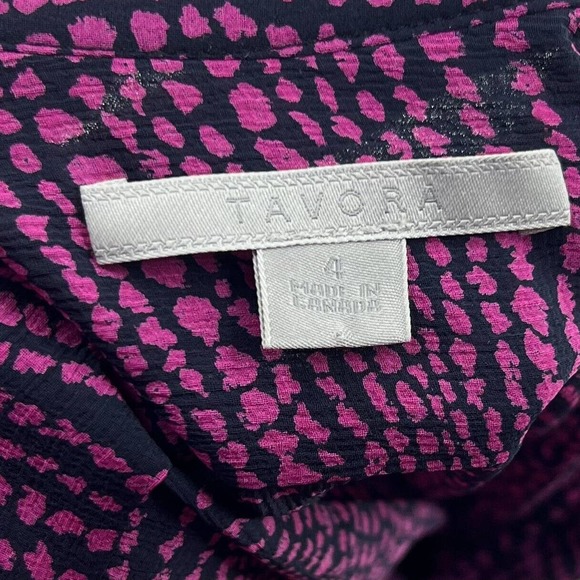Tavora Top Size 4 Navy Black Purple Printed Sheer Button Up Ruffle Neck Blouse - Picture 5 of 6